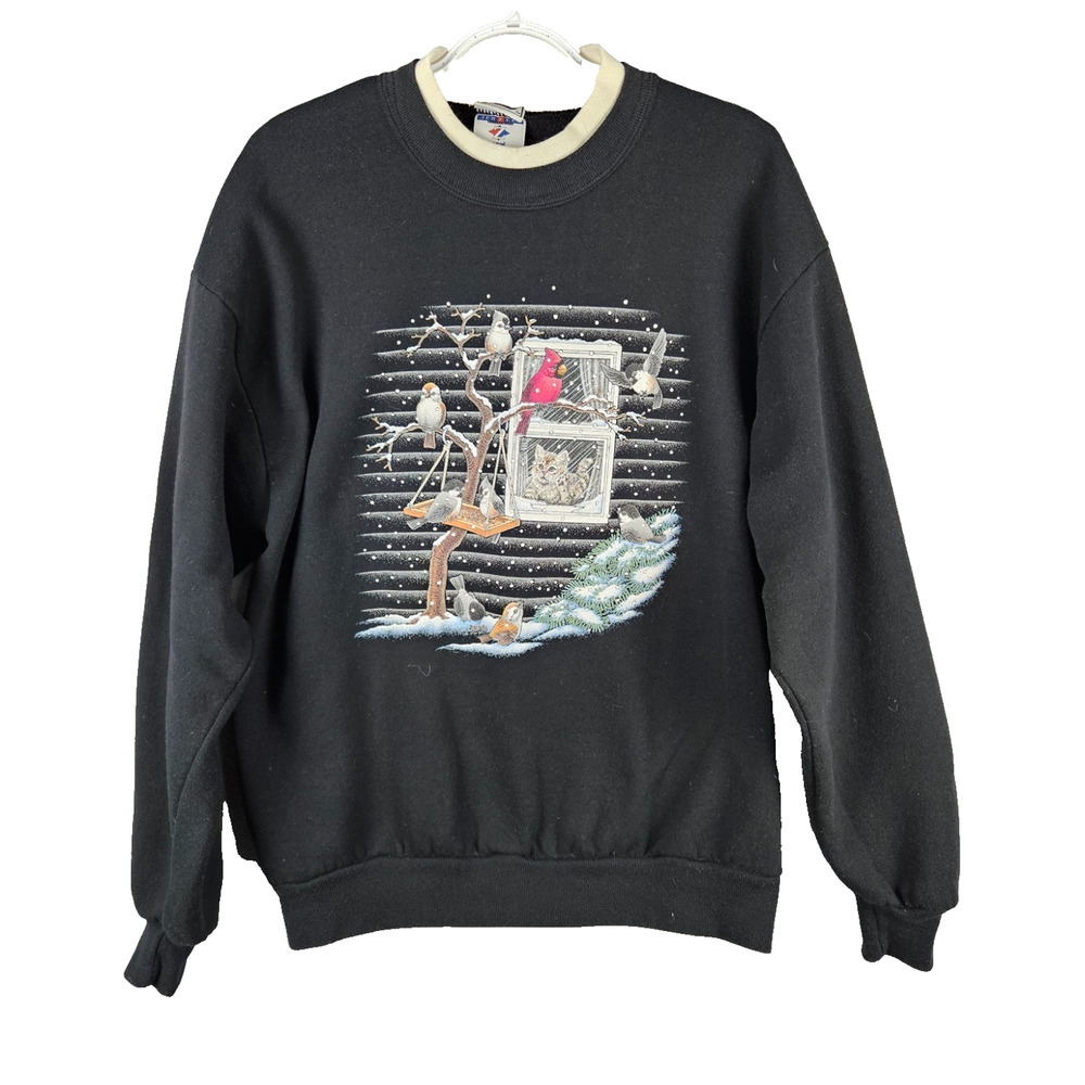 Vintage Whim Cat Bird Winter Scene Sweatshirt Womens L USA Made Black Jerzees